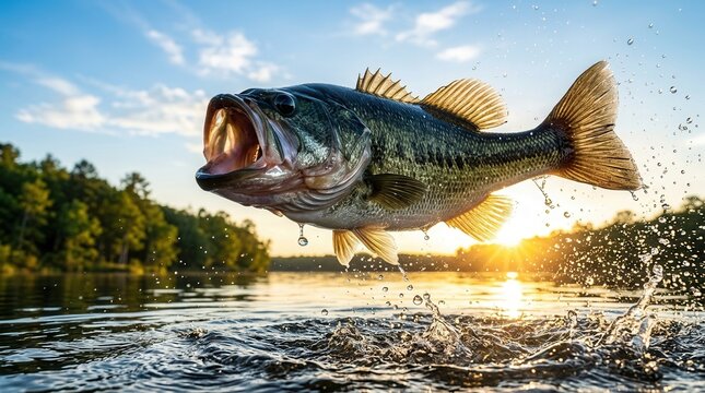 A large bass jumps from the water after a successful catch.