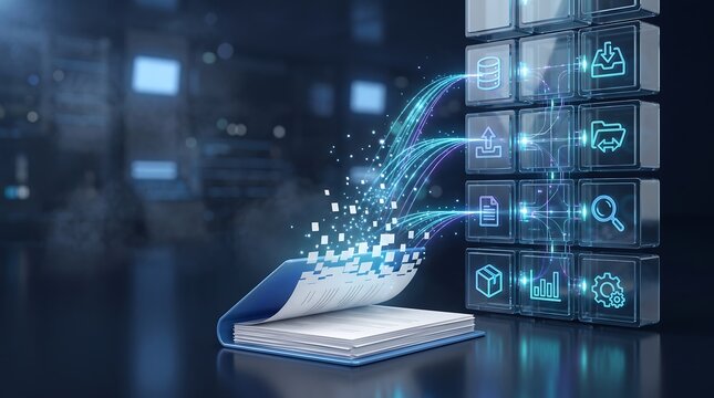 Digital file binder opening with streaming light particles connecting to a grid of application icons representing high-speed data migration and cloud infrastructure integration systems