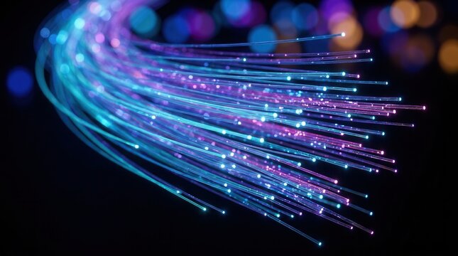 Futuristic fiber optic light streams emerging from a dark background for data transmission concepts.
