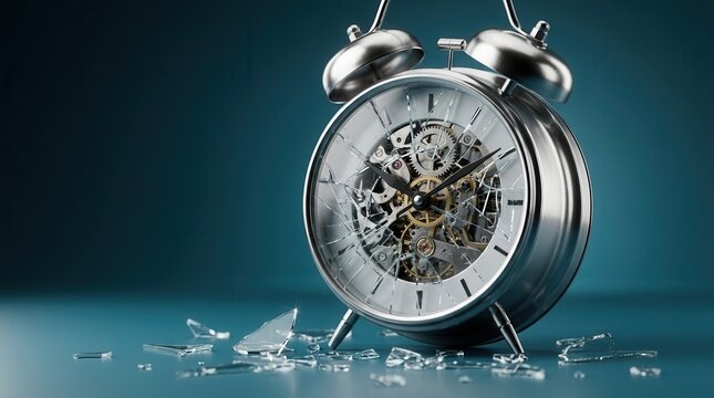 Broken silver alarm clock with shattered glass fragments on a dark surface.
