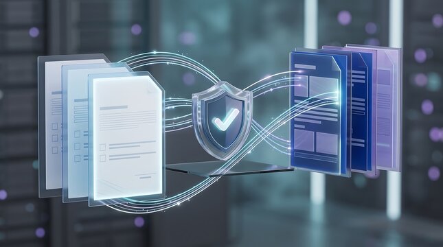 Secure data flow with shield icon protecting digital documents and files through encrypted network connection in professional server room environment for enterprise safety