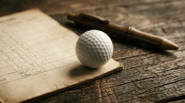 Vintage golf scorecard resting on a rustic wooden surface with a golf ball and pen.