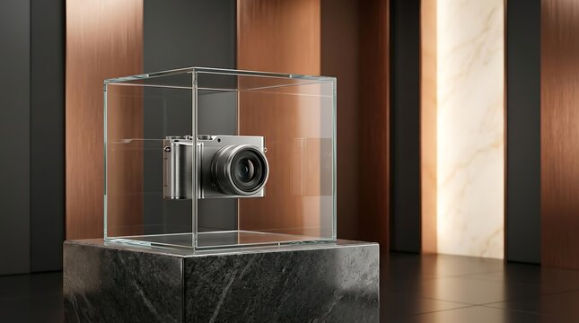 Silver digital camera encased inside a transparent glass display box standing upon a dark polished marble pedestal set against elegant bronze and marble architectural panels in a high end gallery.