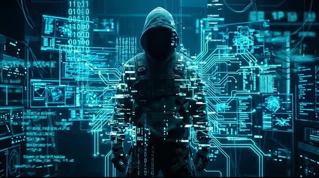 Hooded hacker merging with digital data