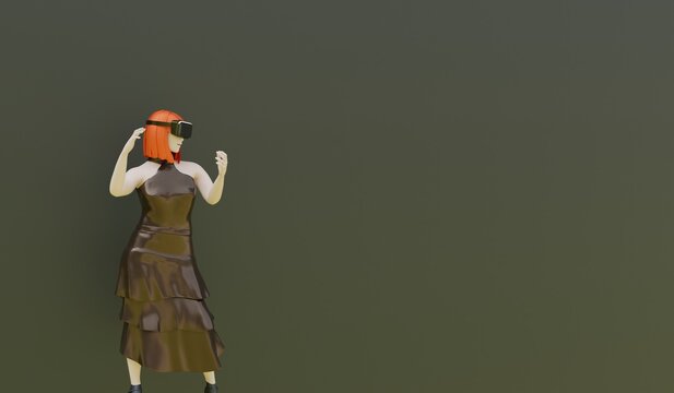 VR headset technology, woman wearing a virtual reality headset, 3D illustration.