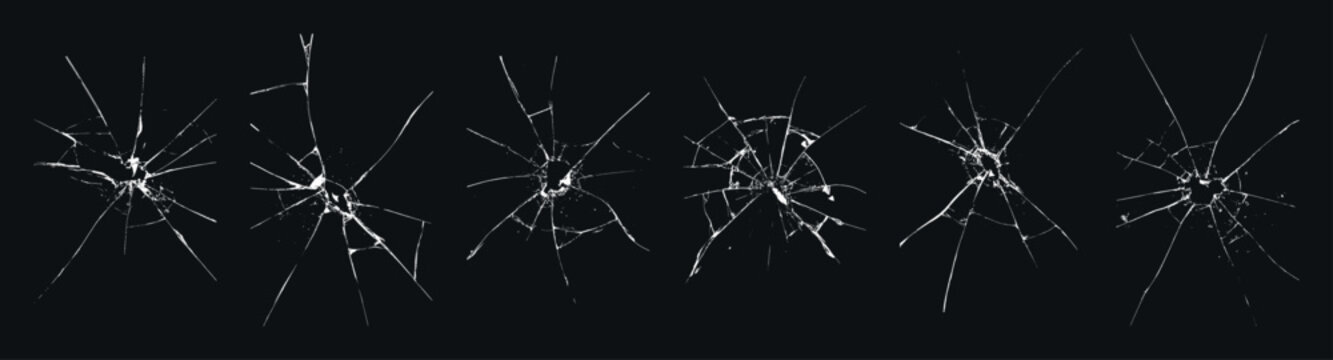 Collection of five shattered glass impact cracks isolated on dark black background, thin white radial fracture lines, broken window bullet hole effects, realistic damage textures for overlays graphic
