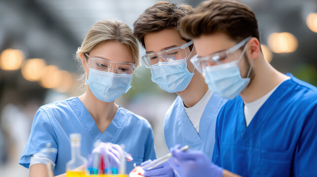 Medical team in scrubs and protective eyewear examining samples in clinical laboratory for healthcare brochure background and education banner
