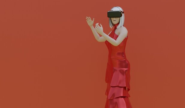 VR headset technology, woman wearing a virtual reality headset, 3D illustration.