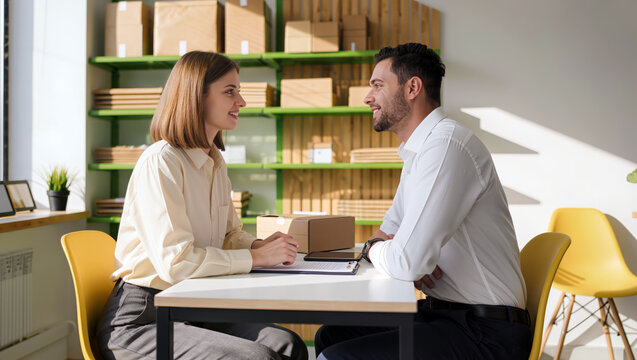 Retail manager discussing a late inventory delivery with a supplier representative beside a cardboard sample box, blank delivery note and closed tablet in a store office