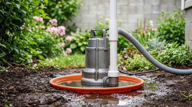 Grey sump pump with a flexible discharge hose and white plumbing in an orange basin.