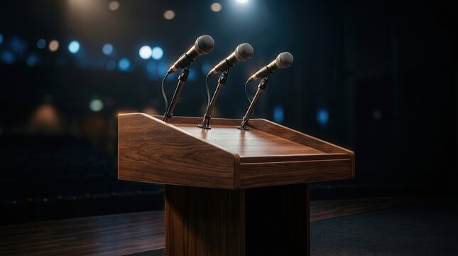 Wooden speech podium with three microphones on a dark spotlit background.