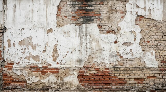 Distressed old brick wall texture with white painted surface and peeling plaster.