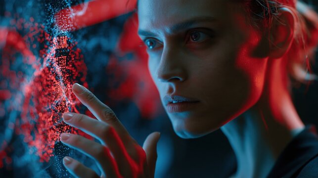 Professional woman analyzing futuristic digital interface with