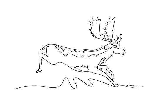 Single continuous line drawing animal wild deer leaping gracefully across forest floor. Deciduous woodland wildlife biodiversity, antler horns motion. One line draw graphic design vector illustration