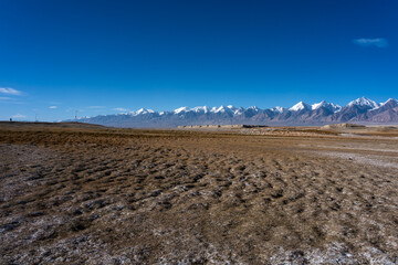 Fototapeta premium Pamir Plateau snow mountains and dry grassland landscape under blue sky