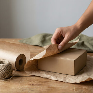 Person cutting kraft paper tape to wrap a wooden box on a rustic wooden table with natural lighting