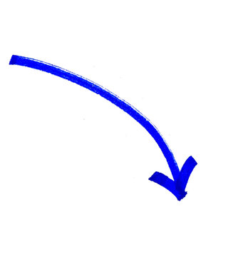 PNG blue hand drawn curved arrow pointing down right, grunge marker crayon textured pointer with rough brush stroke for directions, infographics, presentations, notes and creative design