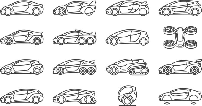 Futuristic concept cars flying vehicles and autonomous transport icons set vector illustration