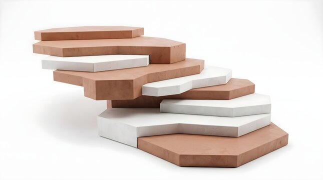 Abstract architectural staircase made of layered terracotta and ivory polygonal slabs, creating a sculptural composition with staggered platforms, natural stone textures