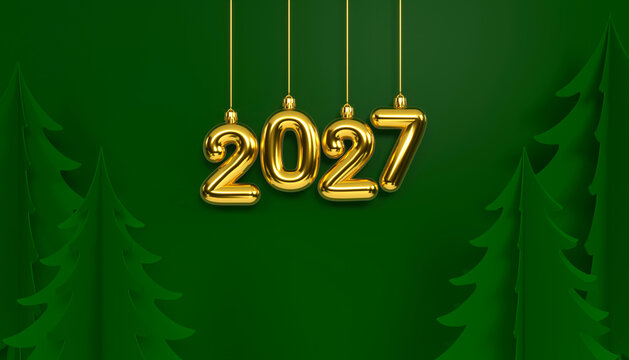 Hanging Golden Merry New Year Lettering with Gift Boxes and Paper Christmas Trees on Dark Green Background - 3D rendering