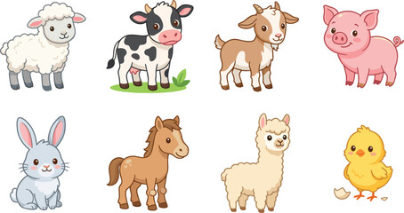 Fototapeta premium Cute Cartoon Farm Animals Including Sheep, Cow, Goat, Pig, Rabbit, Horse, Alpaca and Chick Illustration Set