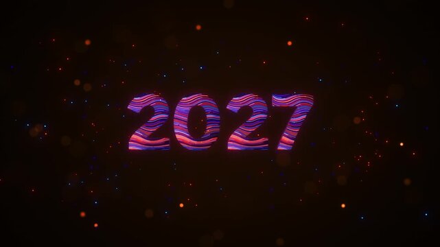 Animated 3D 2027 numerals spin with vibrant neon waves, flowing light trails, and glowing particles against a dark background, creating a dynamic futuristic calendar visual.
