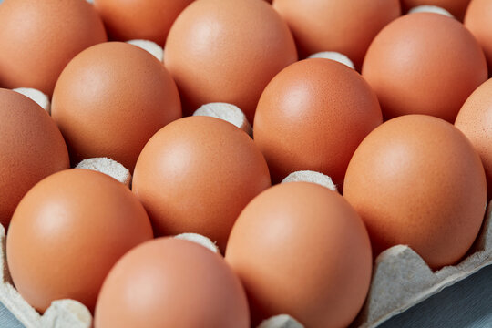 Fresh brown chicken eggs arranged in cardboard carton