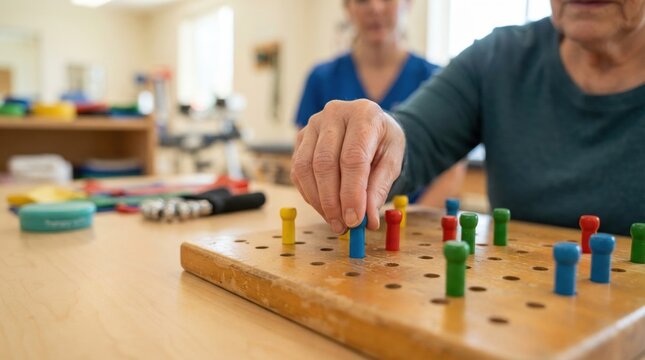 occupational therapy hand activity Senior person playing a wooden pegboard game in a bright room with a caregiver.