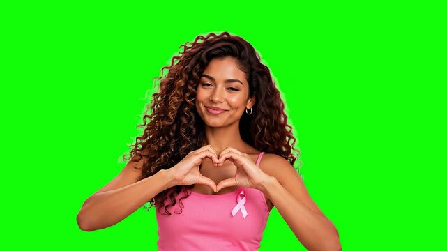 Smiling woman with long curly hair wearing a pink breast cancer awareness ribbon and making a heart shape with her hands, supporting breast cancer awareness and women's health on green screen