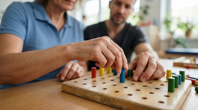 occupational therapy hand activity Senior woman and caregiver playing a wooden pegboard game at home