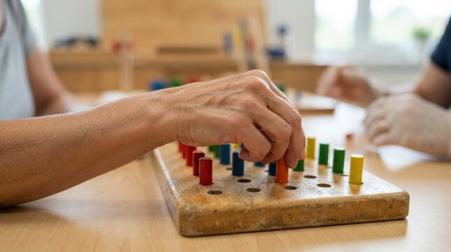 occupational therapy hand activity Elderly hands playing a colorful strategy board game at a wooden table.