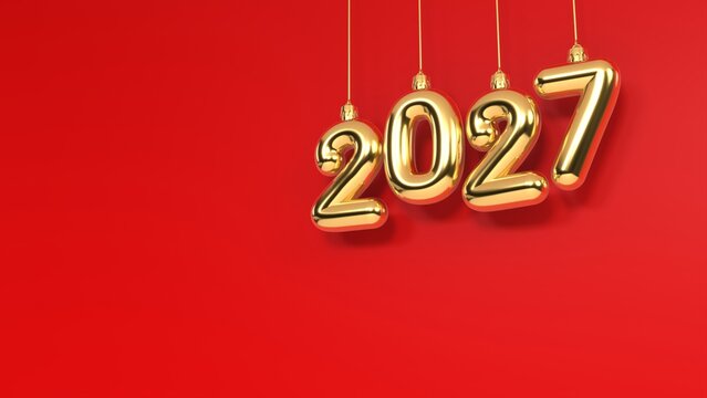 Golden 2027 numbers hanging like Christmas baubles on red background