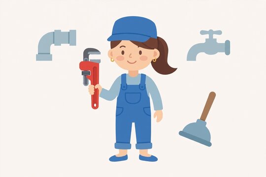 Female plumber character with pipe wrench flat vector illustration
