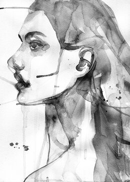 Ritratto artistico monocromatico di profilo di donna ad acquerello e inchiostro nero, pittura espressiva astratta con sfumature fumose, colature fluide e schizzi su sfondo bianco in stile moderno