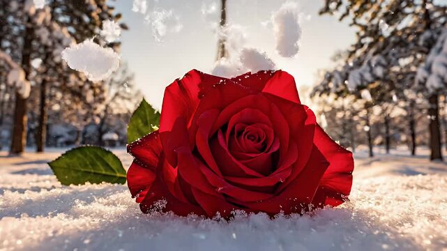 Romantic Red Rose Resting in Snow with Eiffel Tower Backlit at Sunrise