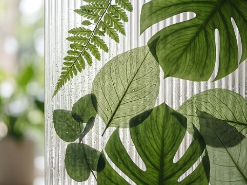 Layered Botanical Silhouettes on Textured Glass With Soft Daylight