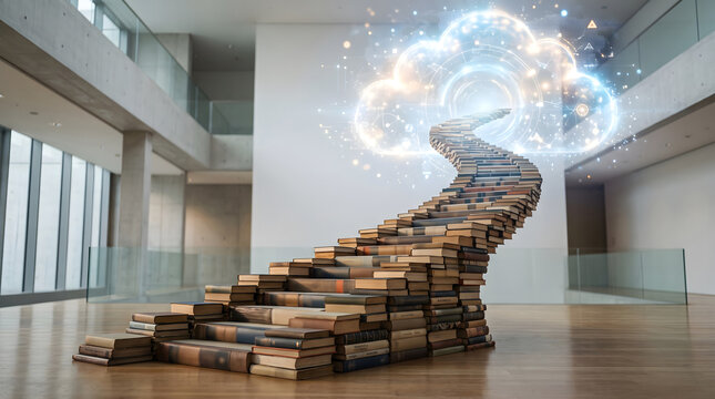 Surreal Book Staircase Ascending Toward a Luminous Celestial Cloud