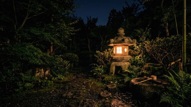 A stone lantern illuminates a secluded path within a Japanese garden at night. The lantern&rsquo;s warm glow contrasts with the deep darkness of the surrounding forest.