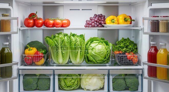 A modern refrigerator displays a variety of fresh produce. The interior shelves are stocked with leafy greens, tomatoes, peppers, grapes, and juices.