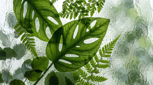 Tropical Monstera and Fern Foliage Behind Textured Glass