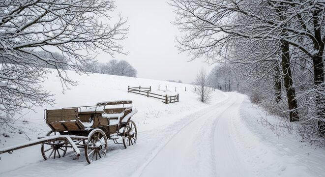 A vintage horse-drawn carriage rests on a snowy path in a winter landscape. Bare trees frame the scene, and a snow-covered field stretches into the distance.