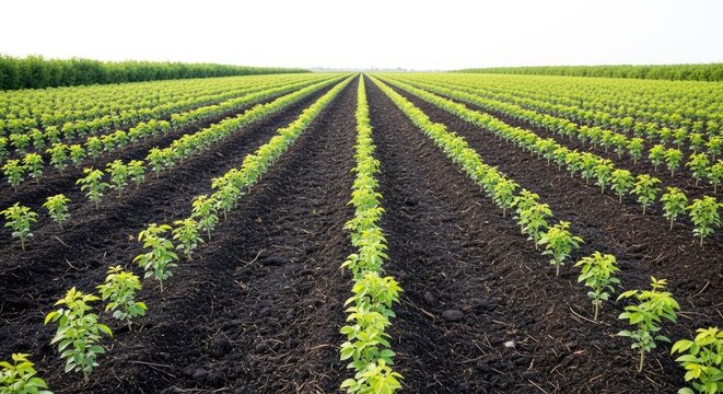Rows of young pecan trees stretch across a dark field, creating a linear pattern. The trees are vibrant green and newly sprouted.