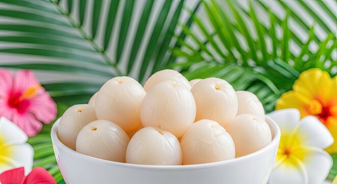 A white ceramic bowl filled with lychees sits on a white surface. The lychees are round and pale white, with a slightly wrinkled skin.