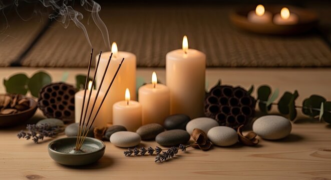 A serene still life arrangement features several candles, incense sticks, and natural elements. Warm candlelight illuminates a wooden surface, creating a cozy and relaxing atmosphere.