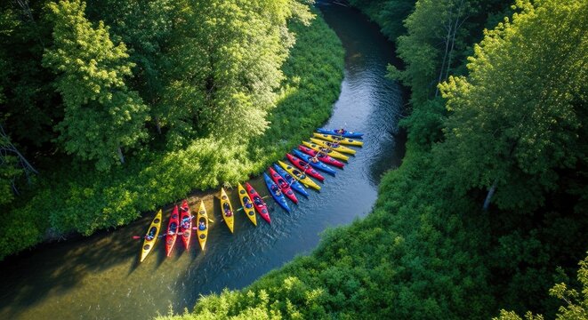 A scenic aerial shot captures a line of kayaks navigating a winding river through a lush, green forest. Several kayakers, likely part of a paddling group, are paddling along the river's course.