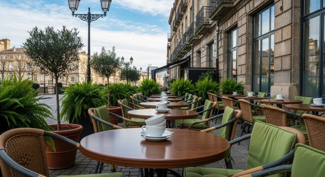 Several tables with chairs are arranged outside a cafe. The tables are set with cups and saucers.