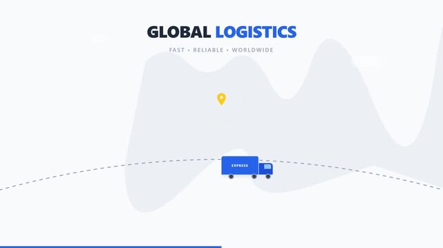 Global logistics banner design featuring a delivery truck on a dotted route map vector illustration