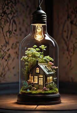 3D glass jar lamp object with tiny cozy house and warm lights inside generative AI