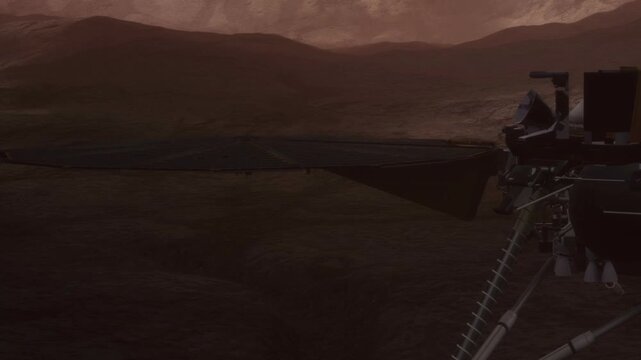 A sophisticated robotic rover surveys a rugged extraterrestrial terrain bathed in soft red light. Dusty mountains loom in the background, creating an otherworldly atmosphere at dusk.