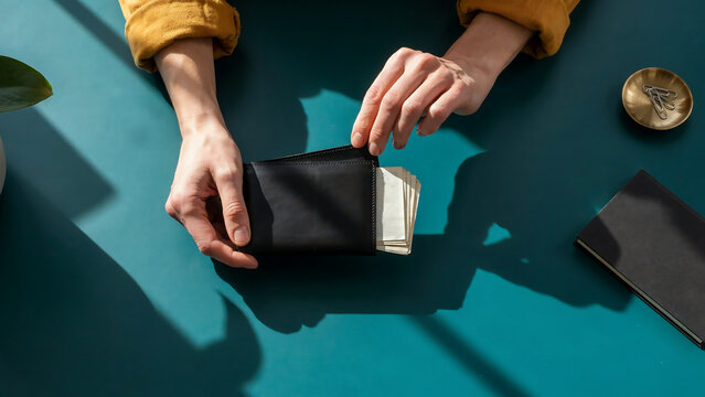 Top down flat lay of hands opening a black leather wallet with cash banknotes on a teal background with sunlight shadows brass dish paper clips notebook and plant leaf